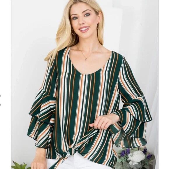 NEW Multi-Colored Tie Front Ruffled Long Sleeve Top - Picture 2 of 6